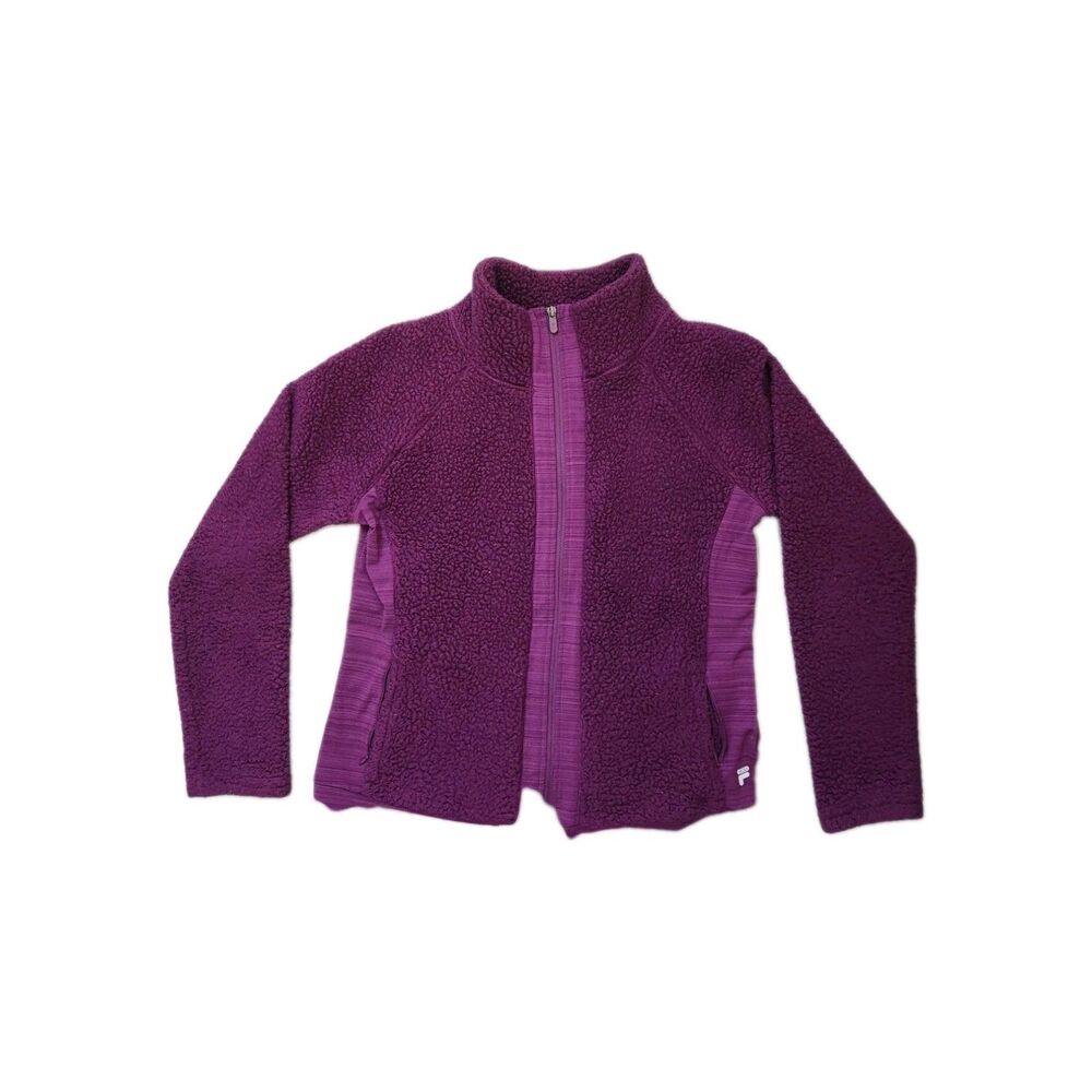 Fila Purple Fleece Athletic Jacket Full Zip Stretch Pockets Womens Sz L EUC